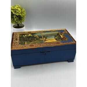 Vintage Cedar Wood Box Hinged Lid Decoupage Mediterranean Scene Blue Paint AS IS